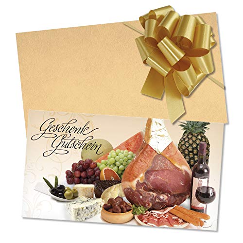 GESCHENKGUTSCHEINcom by POS-HAUER. Gutschein-Set. 50x Gutschein + Kuvert + Schleife. Für Feinkost Feinkostgeschäfte. Feinkostgutscheine, blanko zum selber Ausfüllen.