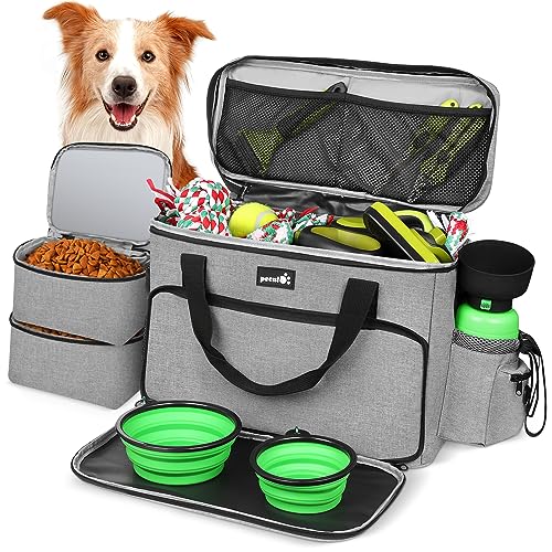 Pecute Hunde Reisetasche Große Hundetasche, Haustier, mit 2 Aufbewahrungstaschen und 2 Hundenäpfe, Hundetragetasche Dog Travel Bag für Reisen, Camping oder Tagesausflüge, Grau 42 * 18 * 30 cm