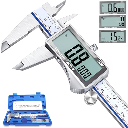 Kynup Digitaler Messschieber mit LCD-Bildschirm, 150mm Digitale Schieblehre Edelstahl, Spritzwassergeschützt, Millimeter/Zoll/Fraktion Umwandlung, Metall Messschieber Digital, Großer Vollbild
