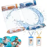 Weeupolfun Aufblasbares Schwimmbett Wasserhängematte, 2 Pcs Tropischer Regenwald Thema Palmblatt Druck Wasserhängematte Blau und Gelb, 4-in-1 Schwebende Luftmatratze für Sommer Partys