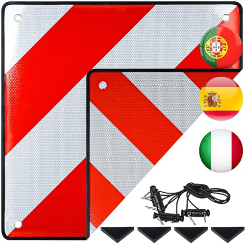 Warntafel für Italien und Spanien, JOYCEMALL 2 in 1 50x50cm Aluminium Reflektierend Rot Weiß Warnschild mit 4X Spannseile & Eckenschützer für Fahrradträger Heckanhänger Wohnmobil Auto Anhänger