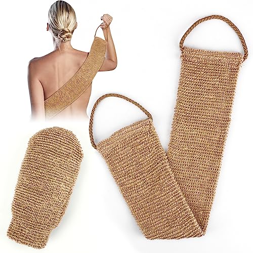 Rückenschrubber für Dusche Bambusfaser Peeling Scrubber Schwamm, GoldOars Bambusfaser Rückenbürste Massagehandschuh mit Rücken mit Mitt 2 Stück (Braun)