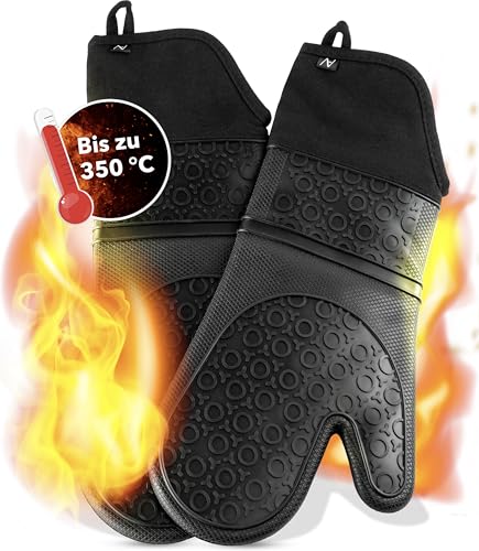 AVANA Silikon Ofenhandschuhe Hitzebeständige Anti-Rutsch Kochhandschuh mit weichem Baumwoll-Innenfutter bis zu 350°C Handschuhe für Kochen und Backen - Schwarz