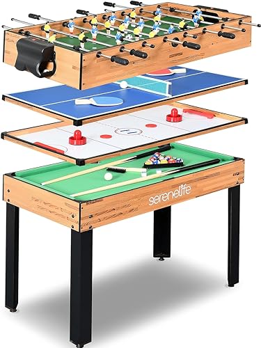 SereneLife Multifunktionstisch, Multigame Spieltisch, 4 in 1 Spieltisch- mit Zubehör, Tischkicker, Billardtisch, Tischtennis, Air Hockey Tisch/Bowling, Multi Spieltisch- 120cm/122cm, Indoor & Outdoor