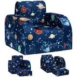 AIYAPLAY Kindersessel, 2 in 1 Klappbar Kindersofa mit Liegefunktion, Planetenmuster, Gepolserter Kinderstuhl für Kinder ab 1,5 Jahre, Kinderzimmer, Spielzimmer, Blau