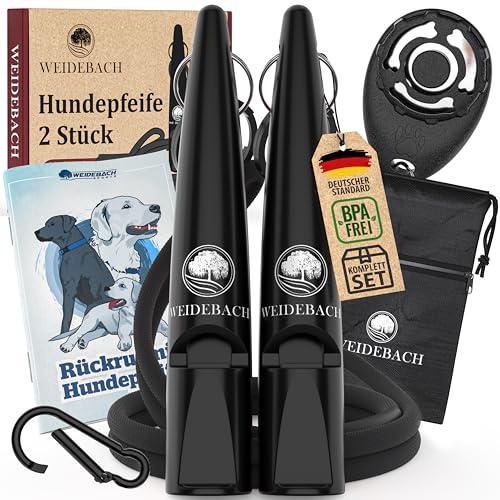 WEIDEBACH® 2x verbesserte Hundepfeife 2.0 mit stabilerem & lauterem Ton, inkl. Clicker, Leckerlibeutel und E-Book für Training mit Hund, genormt, Qualitätsband & -Mundstück, gelungenes Rückruftraining