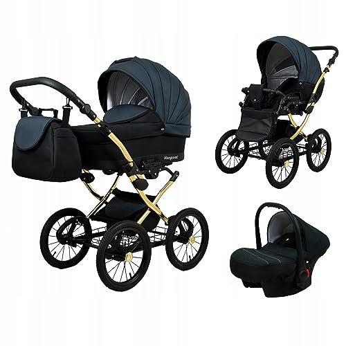 BabyLux® Bambimo Kinderwagen Set 3 in 1 - Margaret Gold - incl. Babywanne, Buggy Sportsitz, Auto-Babyschale - Autositz - Kinderwagenset - Kombikinderwagen mit Wickeltasche, Regenschutz usw.