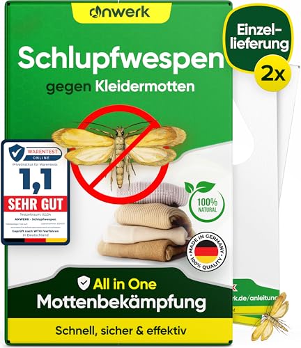 anwerk® Schlupfwespen gegen Kleidermotten - 2 Karten à 1 Lieferungen - Effektiv Kleider Motten bekämpfen - Alternative zur Mottenfalle, Mottenspray, Pheromonfalle