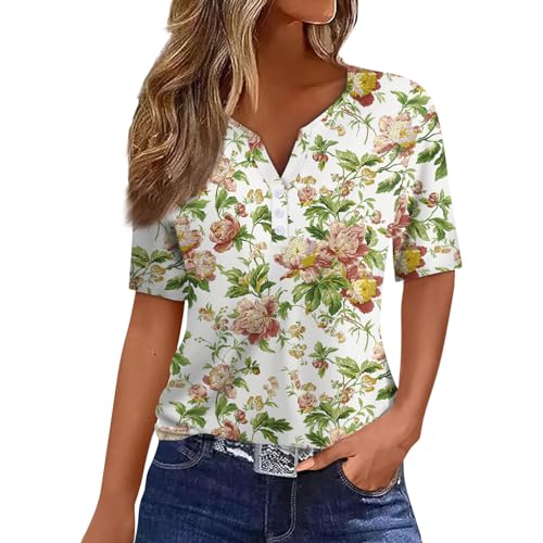 Kurzarm-Tunika-Oberteile Mit V-Ausschnitt Damen Bluse Kurzarm Sommer Damen-T-Shirt Im Pastoralen Resort-Stil Kurzärmelig Damen Taillierte Damen Oberteile Große Größen Lockeres Bedrucktes