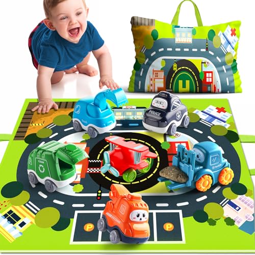 lerrbo 6 PCS Cartoon Lastwagen Auto Spielzeug mit Kräne/Spielmatte/Aufbewahrungstasche|Babyspielzeug für 1 Jahre Alten Jungen|1 Jahre Alten Jungen Geburtstag Geschenk für erste Geburtstag Geschenke