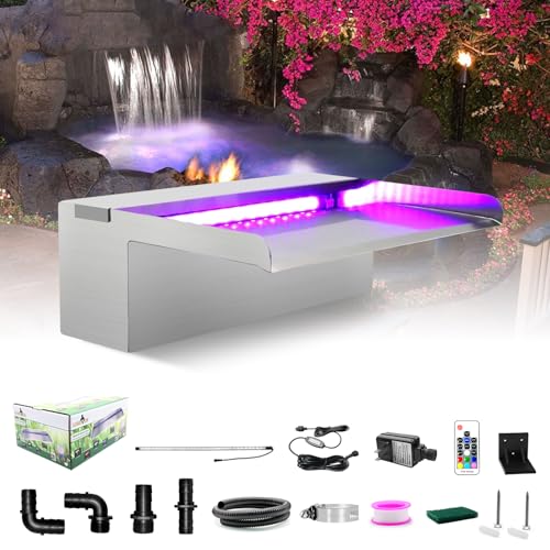 LONGRUN Wasserfall Edelstahl Pool Brunnen, Springbrunnen Garten Wasserfall mit Mehrfarbig LED, Teich Brunnen Kaskaden Wasserfall für Außengarten Deko Teich Mauer Wand Gabione -30x20x10cm