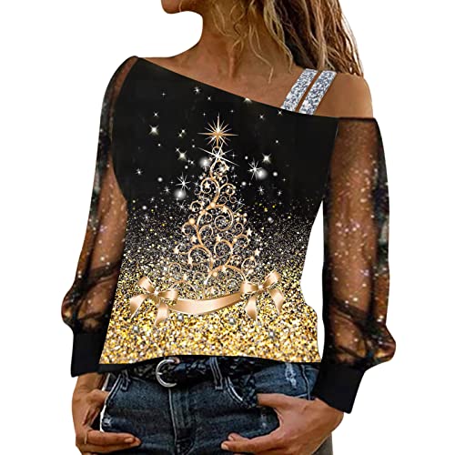 CGGMVCG Weihnachts-Shirts für Damen, Weinglas, bedruckt, langärmelig, schulterfrei, sexy Weihnachtsbluse, Tops, Z01 Gold, Klein