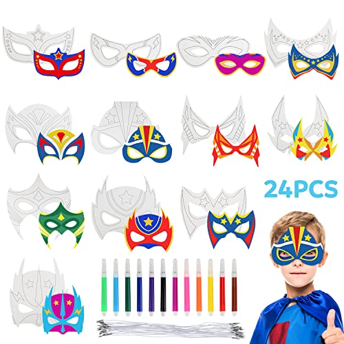 Superhelden Masken Kinder, 24 Stück DIY Blanko Masken Basteln Kindergeburtstag mit Aquarellstifte, Superhero Cosplay Papiermasken für Kinder Geburtstag Ostern Halloween Weihnachten Cosplay Party