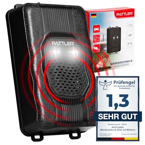 PATTLER® Marderschreck Auto mit Blitzlicht - Flexible Stromversorgung - 12V Autobatterie, AA-Batterie oder USB - Effektiver Marderschutz für Auto, Garten, Dachboden - 1 Stück