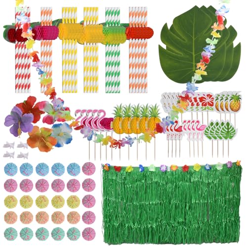 156 Stück Hawaii Party Dekoration Set, Hawaii Party Deko Tisch, Hawaii Luau Tischröcke Kit Mit Banner, KüNstliche, Girlanden, Ananas Kuchendeckel 3D Frucht Strohhalme, für Bbq Tropischen Garten (B)