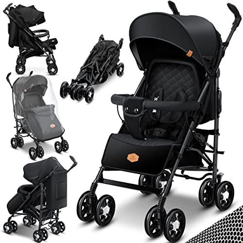 KIDIZ® Kinderwagen City-Pro Buggy Kinderbuggy klappbar Liegebuggy Sportwagen Faltbar 360° 6-Zoll-Rädern Inkl. Moskitonetz, Fußsack und Regenverdeck zusammenklappbar Schlaffunktion Schwarz