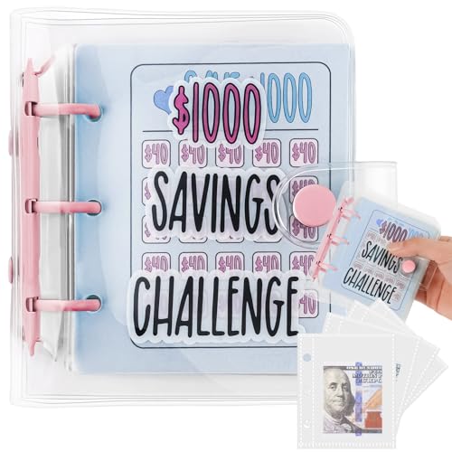 OFFCUP Geldsparender Ordner, 25 pcs Spar Challenge Ordner, 1000 Dollar Mini Binder Spar Challenge mit Geldumschlägen Budget Binder Sparbuch für den Budgetplaner und Zum Geldsparen (Rosa)