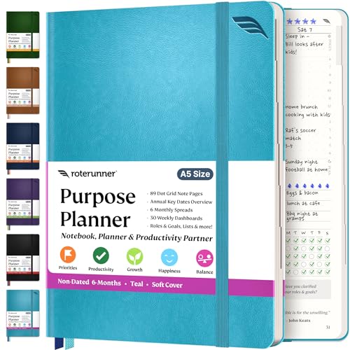 Roterunner Zweckplaner, Notizbuch, A5, 14,7 x 21,1 cm, undatiert, 2025, täglich, wöchentlich und monatlich, Produktivitätszielsetzungswerkzeug für Arbeit, Zuhause, ADHS-Planer für Erwachsene,