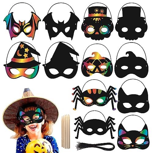 SPERMUOY Halloween Kratzbilder 12 Stück Kratzbilder Masken,Halloween Kratzbilder mit Elastischen Kordeln und Holz Stylus,Kratzen Regenbogen Bastelset für Kinder Ostern Halloween Party Zubehör