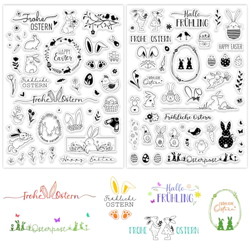 BOOMTOP 2 Blatt Silikon Stempel Ostern Deutsch Transparente Stempel Frohe Ostern Clear Stempel Sprüche Osterhasen Ostereier Frühling Stempelmotive für Kartenbasteln DIY Geschenk Scrapbooking