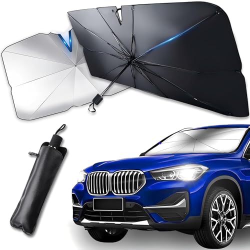 Sonnenschutz Auto Frontscheibe Innen 135 x 73 cm - UV - Hitzeschutz, Faltbarer 10 Knochen Struktur, Passend für SUV, PKW, LKW - Kompakt und Schnell Verstauen