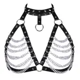 FOCICE Gothic Brustkette Ketten Bh Harness Damen Leder Punk Körperkette Brustfrei Dessous Geschirre Fetisch Halsband Geschichtet Body Chain Rave Outfit Bondage SM Festival Kostüm