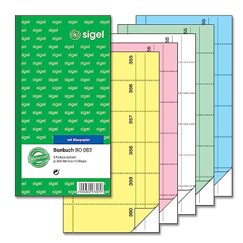 Sigel BO082 Bonbücher 5er Pack á 360 Abrisse in gelb, rosa, weiß, grün, blau, 10,5 x 20 cm, 2x60 Blatt, Sparpack: gelb, rosa, weiß, grün, blau