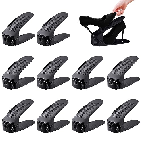 RZMZBY 10 Stück Einstellbare Schuhregale rutschfest Schuhhalter, rutschfest Schuhstapler, 3 Höhenverstellbar PP Doppelschicht Schuhstapler Set Platzsparend Schuhaufbewahrung (Schwarz)