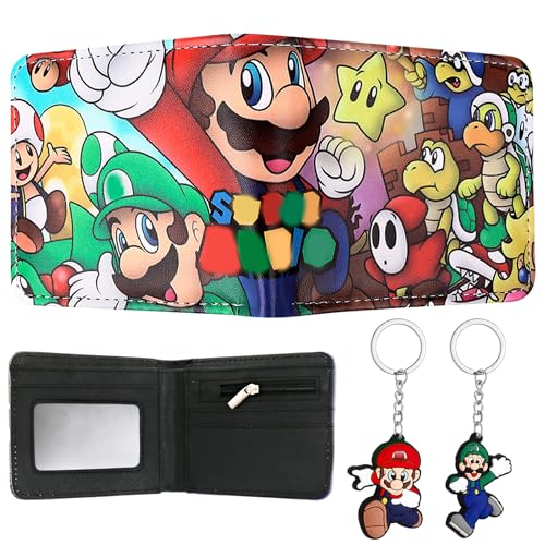 Cartoon Geldbörse mit Schlüsselanhänger Kinder, Super Bro Portemonnaie Anime Brieftasche Kids, Cartoon Geldbeutel altbare Geldtasche Slim Portemonnaie, Geburtstagsgeschenk für Jungen Teenager Mädchen