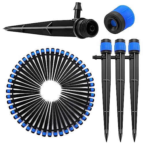 VooGenzek 50 Stücke 360 Grad Einstellbare Bewässerung Sprinkler, Garten Bewässerung Tropfer mit Barb Verbinder & Micro Drip Rohrhalter for 4/7mm Schlauch, für Gewächshaus, Topfpflanzen, Blau