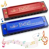 UVVRUR 2 Stück Mundharmonika Harmonika Kinder Mundharmonika 10 Löcher Mundharmonika Diatonisch Perfektes Musikgeschenk für Kinder Erwachsene Anfänger und Interpreten (Rot Blau)