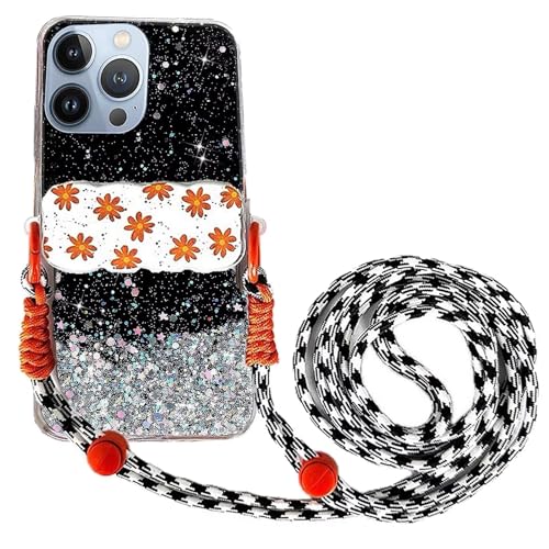 Rnrieyta Miagon Handykette Hüll für iPhone 11 Pro Max Glitzer Durchsichtig Case mit Universal Blume Telefon Clip Kordel zum Umhängen Handyanhänger Halsband Lanyard