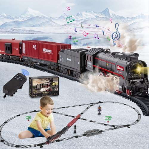 Joellfuner Elektrische Zug Spielzeug, Eisenbahn Kinder Elektrisch, Dampfzug Spielzeug mit Schienen, Dampf, Licht & Geräuschen, Weihnachtszug um den Baum Geschenk für Kinder (Mit Fernbedienung)