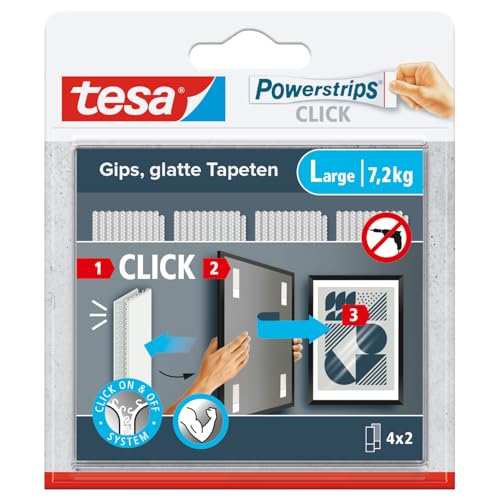 tesa Powerstrips CLICK - Klett-Klebepads zum An- und Abklicken von Bilderrahmen und Wanddekorationen ohne Bohren - selbstklebende Klettband-Strips mit ON und OFF Click-System - Large - 4 x 2 Stück