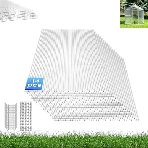AufuN 14x Polycarbonat Hohlkammerstegplatten 4 mm 10,25 m² Gewächshaus Platten 60,5 x 121 cm Doppelstegplatte Ersatzteile für Garten Treibhaus Ersatzplatten Gartenbau Carports, UV-beständigen