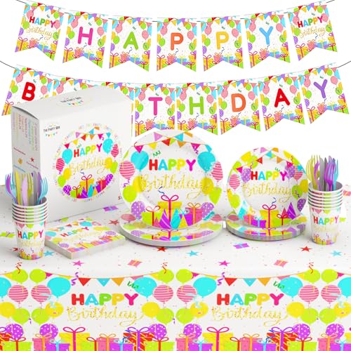 Happy Birthday Party Supplies Set mit 7-Zoll und 9-Zoll Platten, Servietten, Tassen, Gabeln, Messern, Banner und Tischdecke