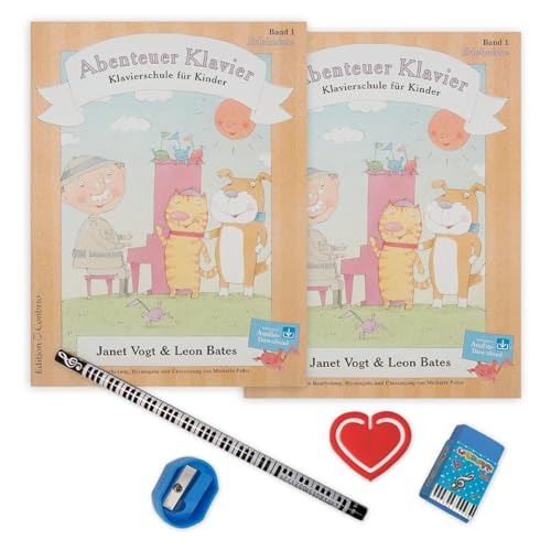 2 x Abenteuer Klavier, 1. Hauptband, Erlebnisse (Doppelpack) mit Audio-Download - Klavierschule für Kinder - ISBN 9783909415267 - Piano-Bleistift - Notenklammer (2er Pack)