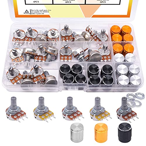 Taiss 60Stück Potentiometer Kit B5K 10K 20K 50K 100K Ohm Linear Taper Drehpotentiometer B Type Potentiometer with Nuts, Washers and 3 Different Colors of Aluminum Alloy Knopf F029