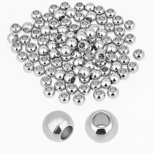 100 Stück 6 mm Perlen für Paracord, Edelstahl Silberne Abstandsperlen, Großes Loch Glatte, Runde Abstandsperlen für die Schmuckherstellung, 3mm Paracord Perlen für DIY Armbändern, Halsketten