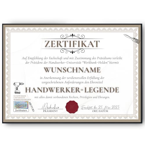 Tigerlino® Lustiges Handwerker Geschenk personalisiert Geburtstag Männer Handwerk Poster Zertifikat Papa Opa Geschenkidee für Handwerker personalisierte Urkunde Scherzartikel