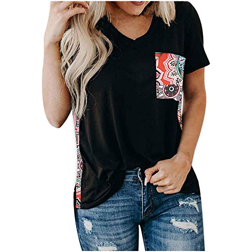 Damen T-Shirt Kurzarm mit Print Frauen Bluse Top Patchwork Stilvolle T-Shirts T-Shirts für Damen mit Dru﻿ ﻿ (Multicolor, L)