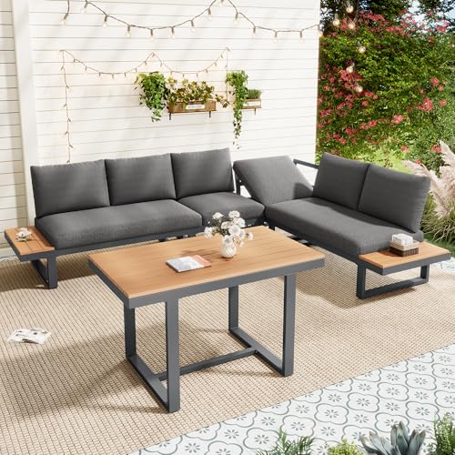 Merax Gartenmöbel Set, Balkonmöbel mit Verstellbarer Neigungsfunktion (5-stufig, bis 55°), Terrassenmöbel aus Verzinktes Stahlrohr mit Esstisch, Tischplatte aus Kunststoffholz, Grau + Schwarz