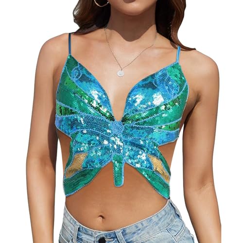 Meanju Damen Bauchfreies Top mit Pailletten und Schmetterlingen,Sexy Tank Neckholder Bandage Tops,Metallic Glitzer Bikini BH Top,Party Oberteile Ärmellos,für Karneval Party,Frauen und Mädchen