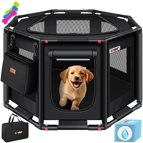 LOVPET® Welpenlaufstall drinnen draußen Welpenauslauf Hunde-Käfig Oxford-Gewebe Tier-Laufstall Kleintier Katzen Freigehege Rahmen PVC-Rohr mit Tasche, 3X Kauknochen & 10 Pad, L 112x112x62cm, Schwarz