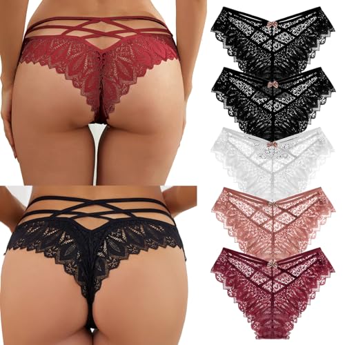 SHAINE 5er Pack String Tanga Set Damen Spitze Unterhosen Sexy Dessous Thong Frauen Atmungsaktiv Slips Unterwäsche Bequem Unterkleidung Weich Bikini Panties L