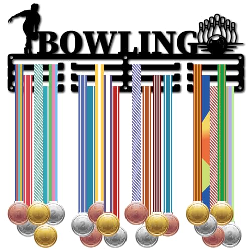 CREATCABIN Bowling-Medaillenhalter,Sport-Medaillenaufhänger,Ausstellungsstück Rennauszeichnungen,Metallgestell,Trophäenbänder,Organizer,Eisenhalterung,Dekor Für Spieler Athleten,Schwarzes Etui,40x15cm