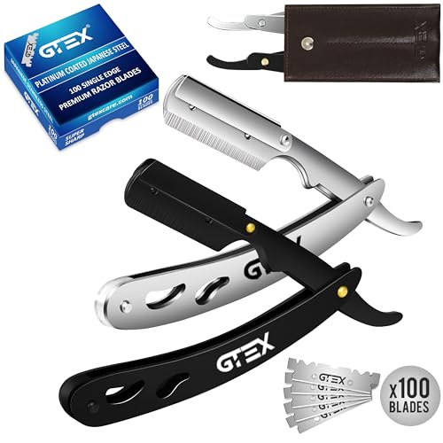 GTEX Rasiermesser mit 100 Premium GTEX Rasierklingen & Ledertasche - 2 Rasiermesser Herren (Schwarz und Silber) 100 Rasierklinge - Straight Razor Rasierer Herren Ustura Bartmesser