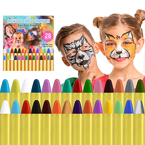 ACWOO Kinderschminke Set, 28 Farben Gesichtsfarbe Schminkstifte Bodypaint Schminkpalette für Faschingsschminke Kinder Fasching Schminke Karneval Halloween Körpermalfarben Glitzer Buntstifte