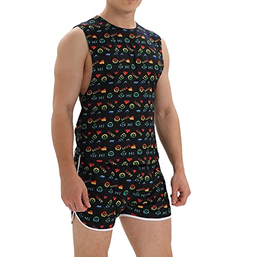 Generisch Männliches zweiteiliges Tanktop-Shorts-Set mit Liebesdruck, buntes, atmungsaktives Themen-Heimset Tute Hose Freizeitanzug für Männer Herren Kurze Sets Outfits 2 Stück Sommer (Black, XXL)