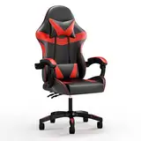 Gaming Stuhl, Ergonomische Computerstühle Racing Bürostühle Sessel, hohe Rückenlehne, Höhenverstellbar Liegestuhl Schreibtischstuhl 150kg Belastbarkeit (rot & schwarz)